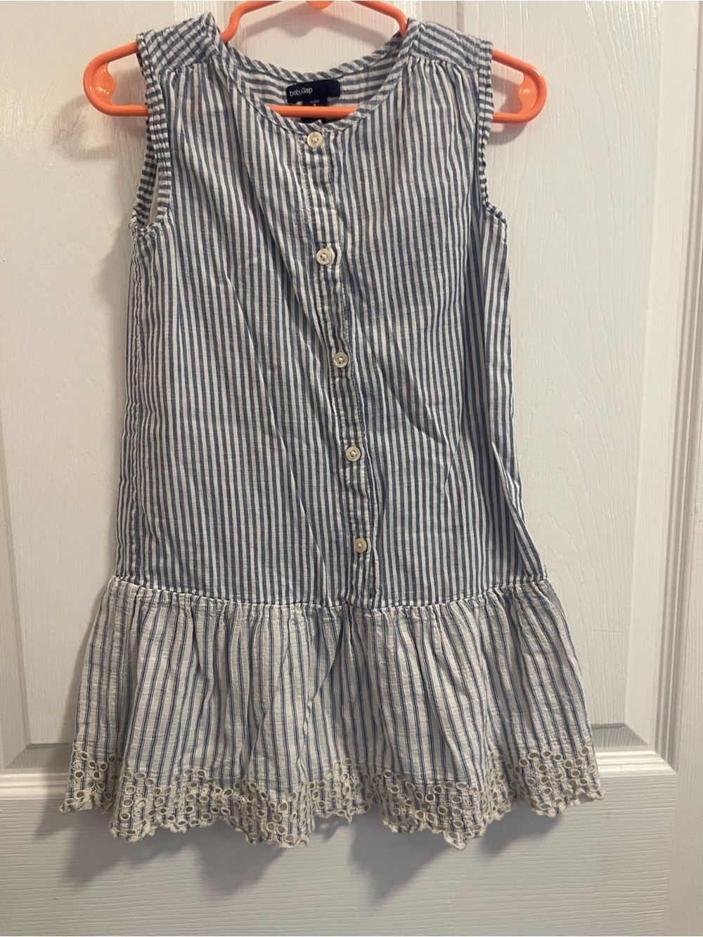 GAP White and Blue Striped Sleeveless Button Dress with Lace Hem